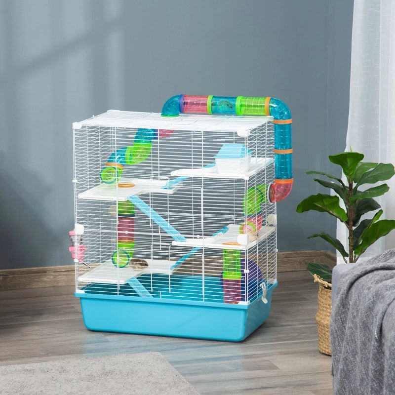 Gabbia per piccoli animali a 5 livelli con rampa ruota ciotola e borraccia in plastica azzurro 59 × 36 × 69 cm