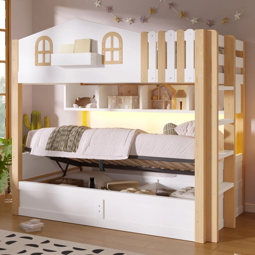 Letto a castello per bambini 90x200 cm a casetta; con contenitore idraulico; LED; bianco e naturale