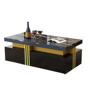 Tavolino da caffè 100x50x40 cm; 2 cassetti e piano effetto marmo; truciolato; nero