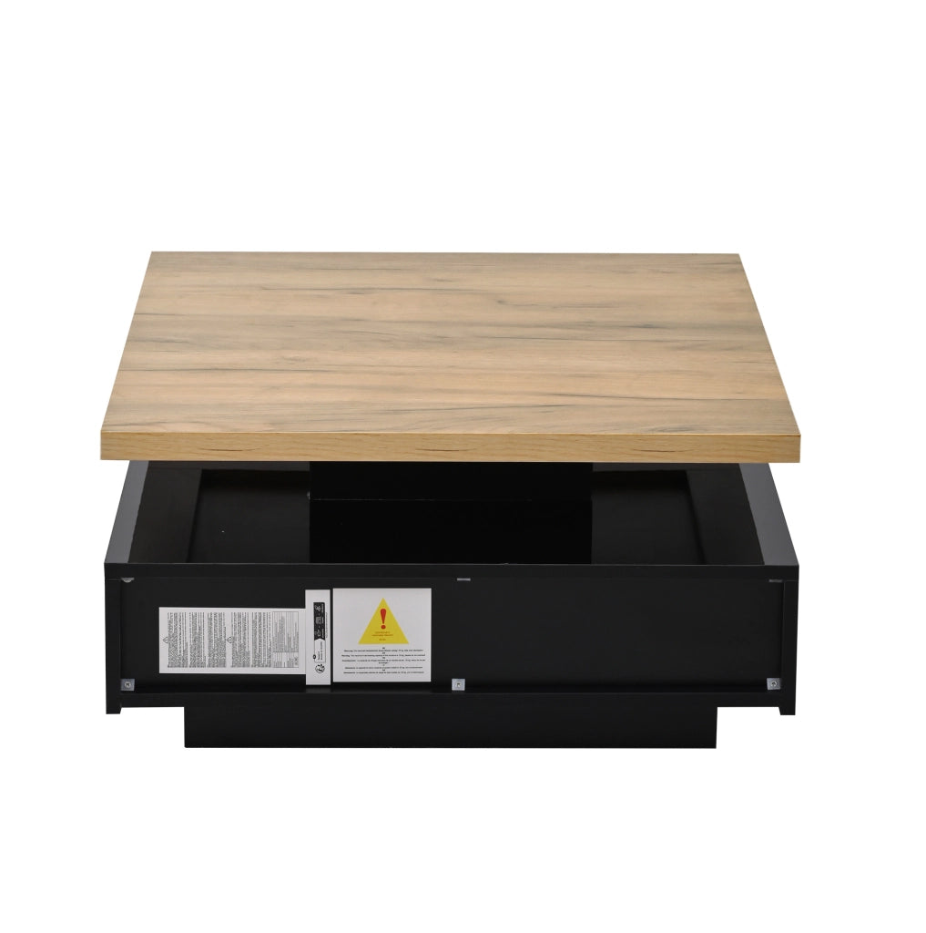 Tavolino da caffè quadrato 70x70x36 cm girevole 360° con vano portaoggetti in truciolare noce e nero lucido