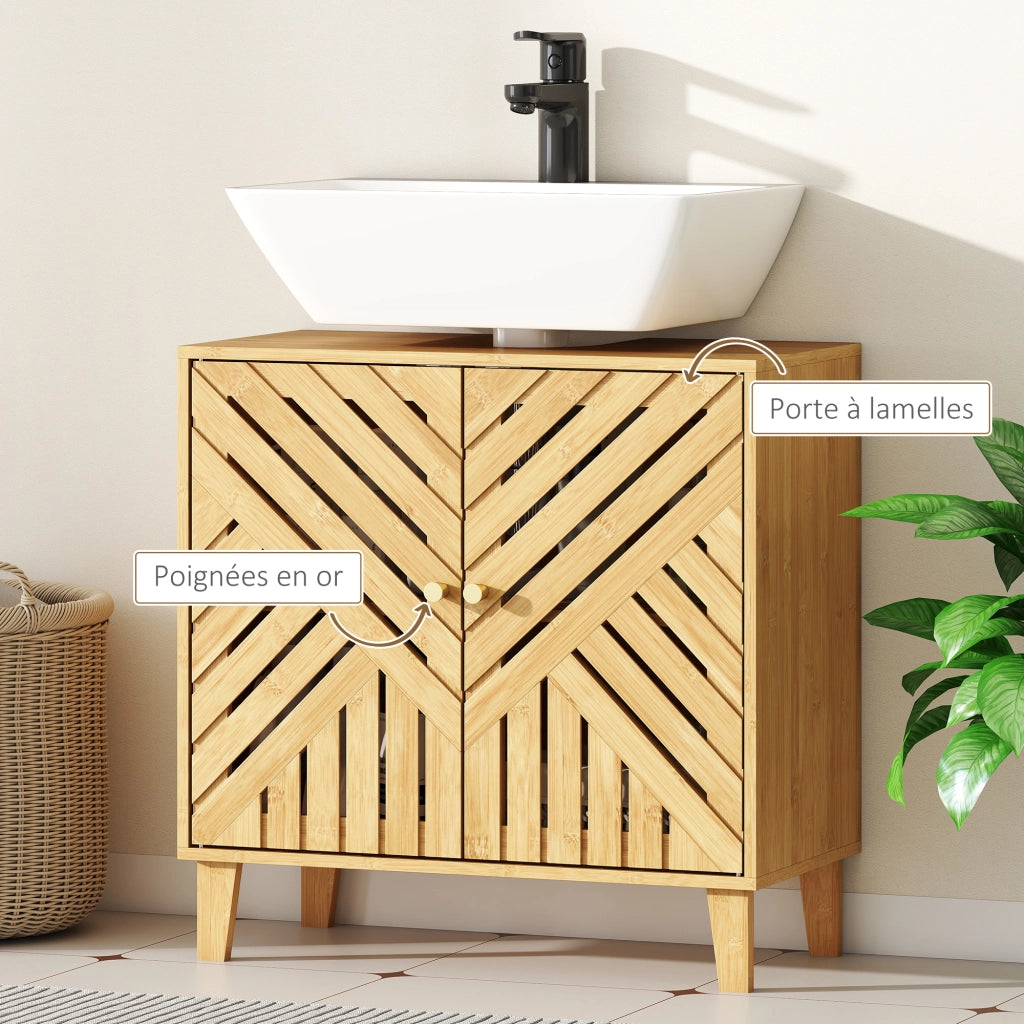 Mobiletto Sottolavabo in Bamb¨´ con Ripiano Regolabile e Ante a Listelli ¨C Zephmum ¨C Naturale 60x30x60 cm