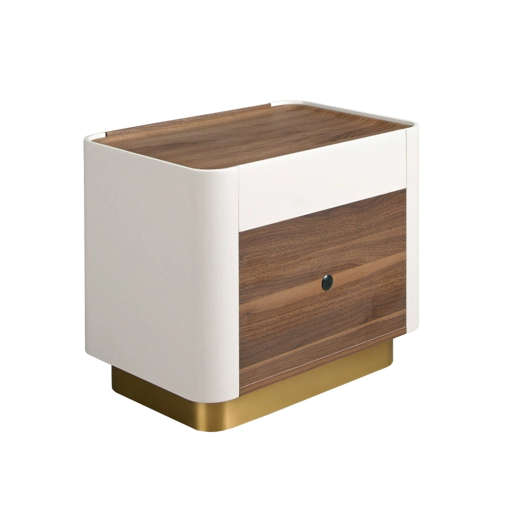 Comodino noce, beige, acciaio lucido dorato e piano in noce