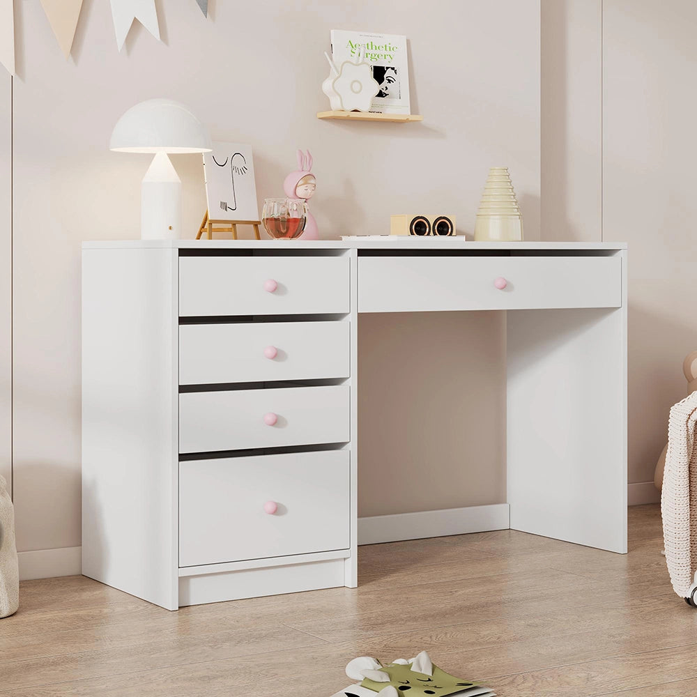 Scrivania bambini - Xylo - 5 cassetti, maniglie rosa, 120×45×74 cm
