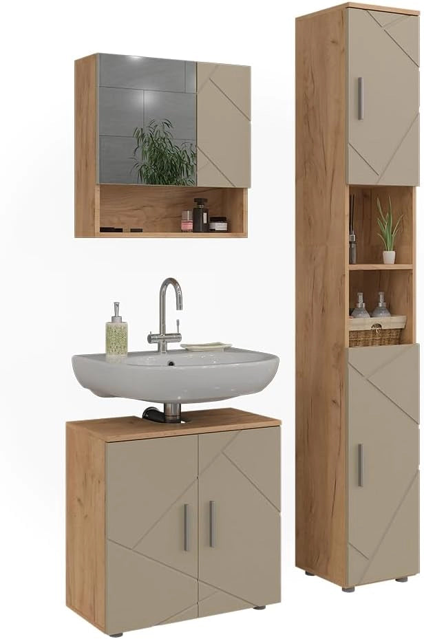 Set di mobili da bagno Irma, Beige, 60 cm, composto da mobile sottolavabo, specchiera e colonna alta