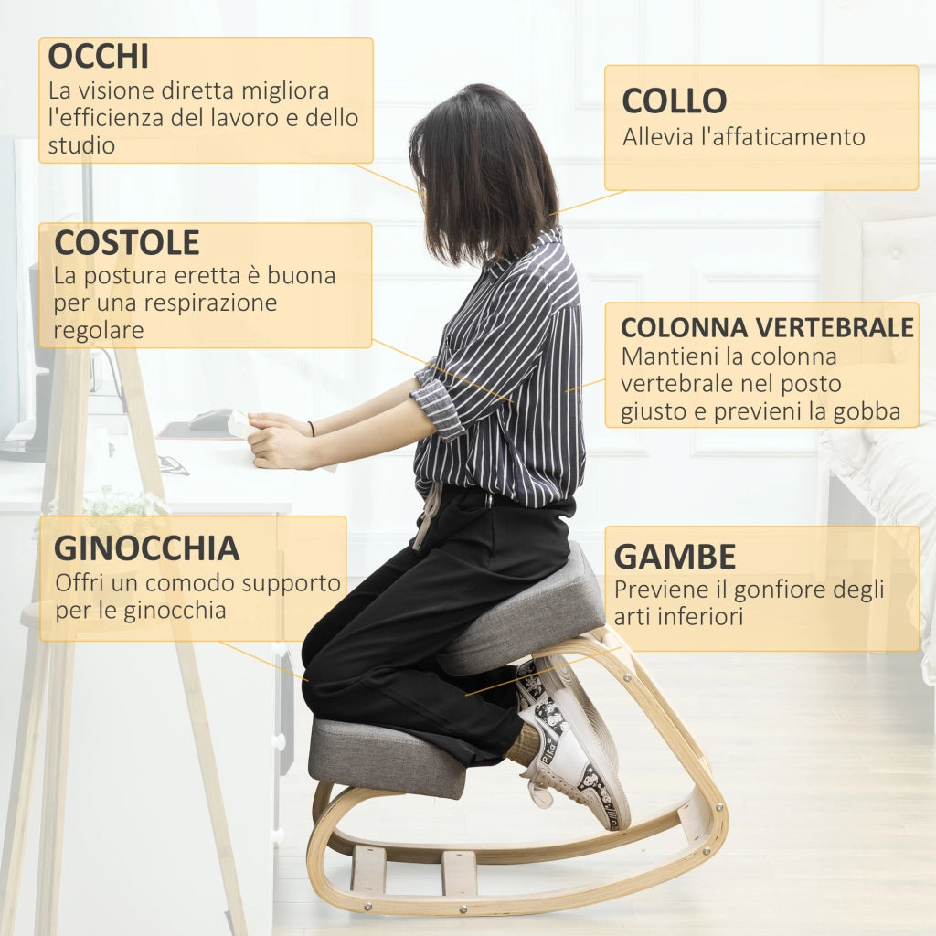 Sedia Inginocchiatoio Ergonomica in Legno di Betulla con Cuscino, 51x69x58 cm, Grigia
