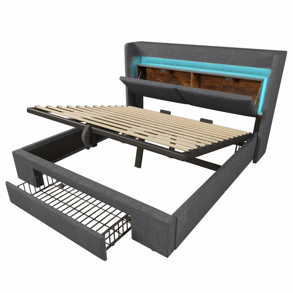 Letti contenitori 180x200 cm con contenitore idraulico; testiera con USB e USB-C; lino grigio (Senza materasso)