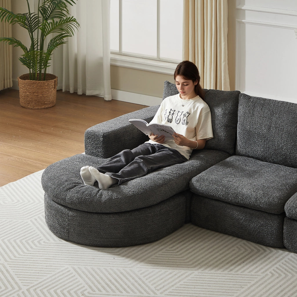 Divano modulare con chaise longue reversibile e cuscini poggiacollo senza montaggio comfort in ciniglia grigio