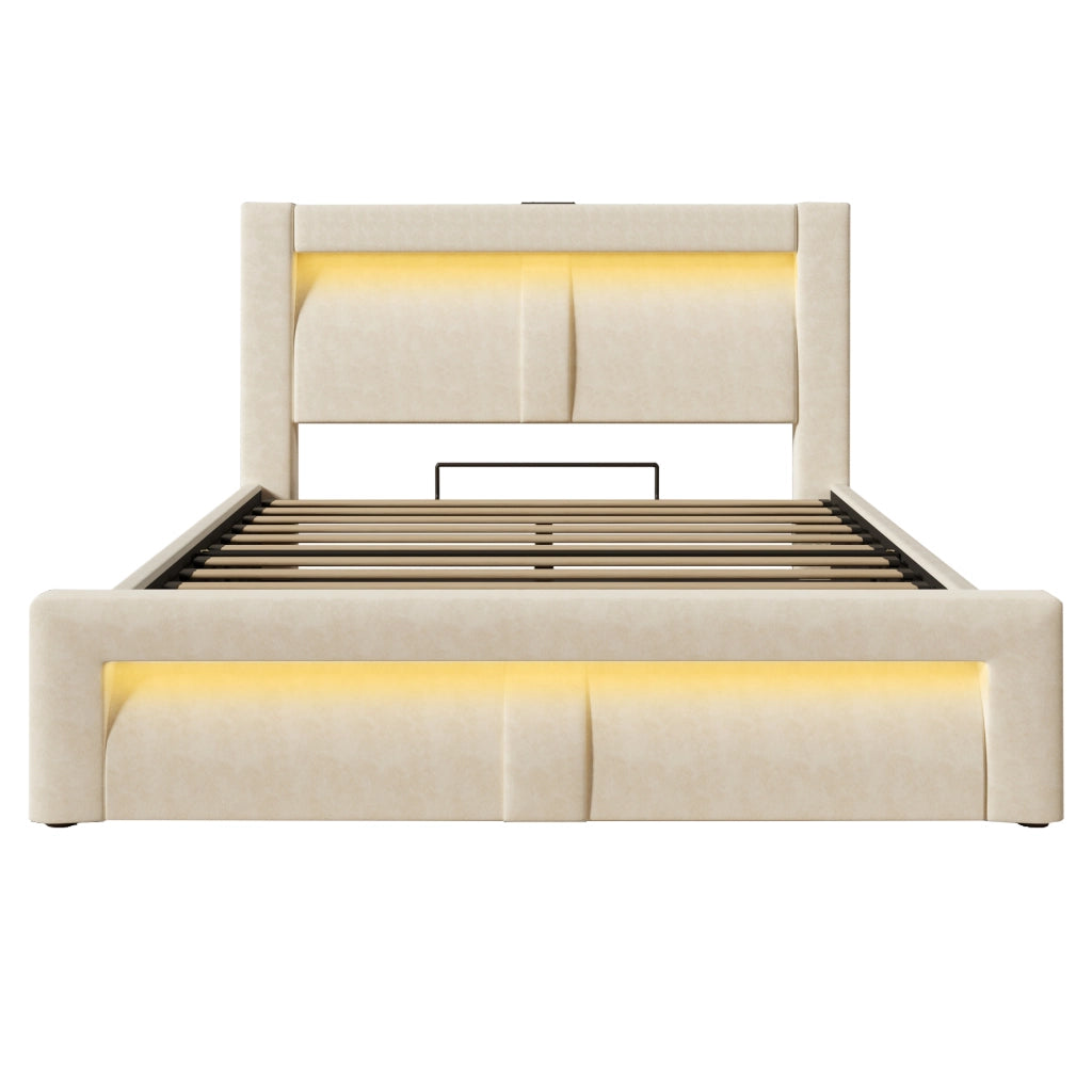 Letti contenitori 160x200 cm con contenitore; LED e ricarica USB; velluto beige (Senza materasso)
