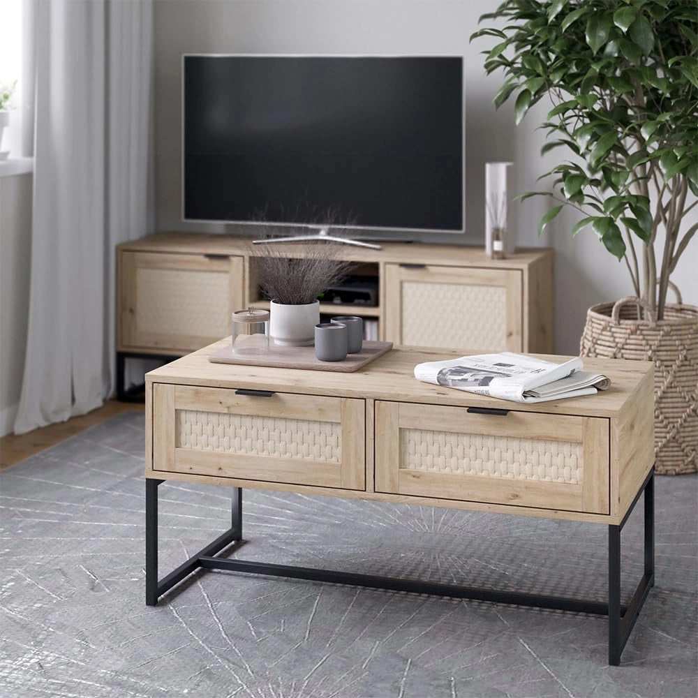Cassettiera per camera da letto Natal, Sonoma, 100 x 48 cm con due cassetti, adatto come superficie d'appoggio per accessori da soggiorno