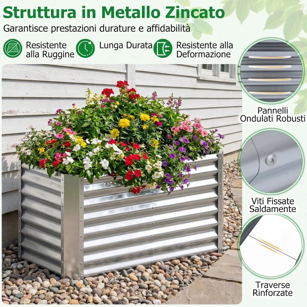 Orto Rialzato da Esterno, Letto da Giardino in Metallo Zincato per Piante, Fiori e Verdure, Fioriera senza Base Resistente, per Balcone, Terrazza e Cortile (119,5 x 61,5 x 60,5 cm)