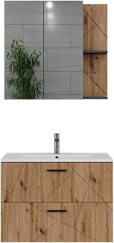 Set di mobili da bagno Irma, Antracite/Artisan, 80 cm, composto da mobile sottolavabo con lavabo e specchio per bagno
