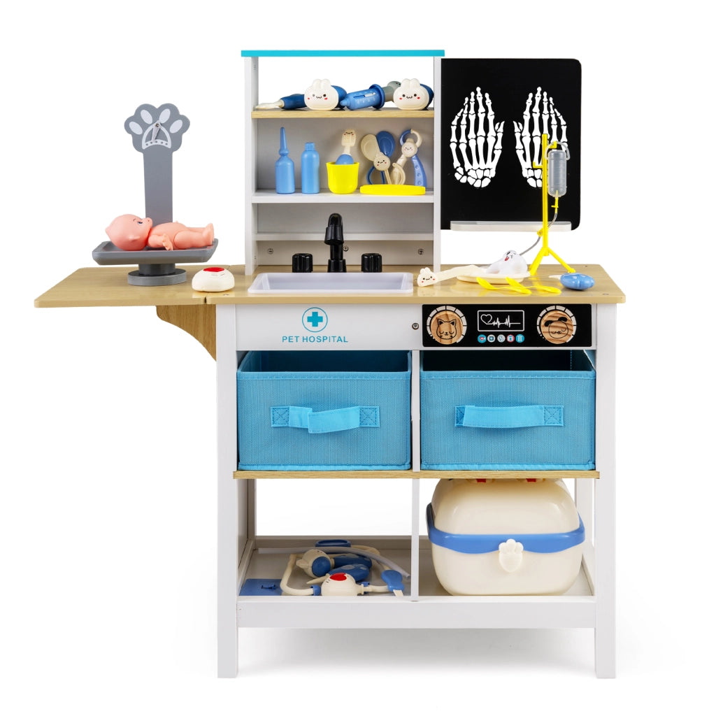 Set gioco medico legno centro medico lavagna bilancia animali rubinetto lavandino, Set ospedale tavolo pieghevole cassetti valigetta accessori Bianco