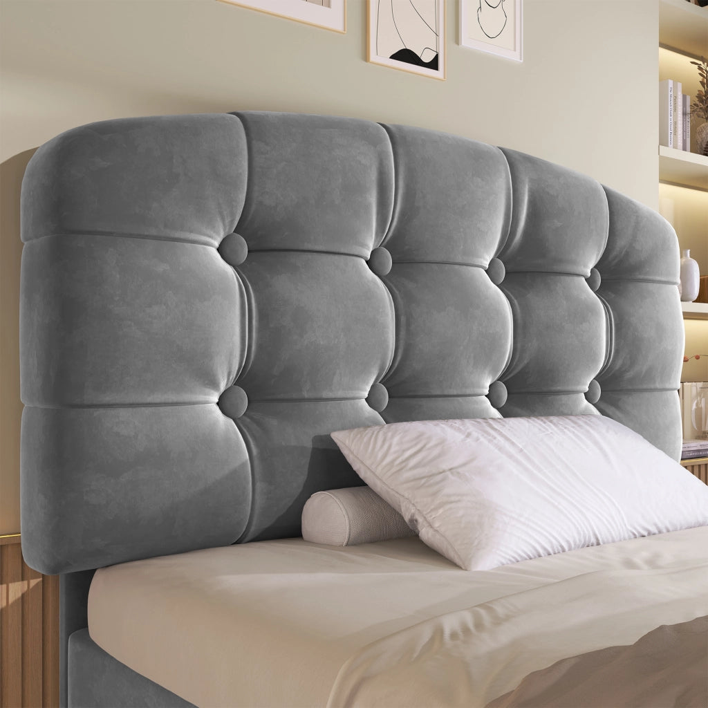 Letto singolo 90x200 cm, rivestito in velluto, testiera regolabile, 2 cassetti, grigio