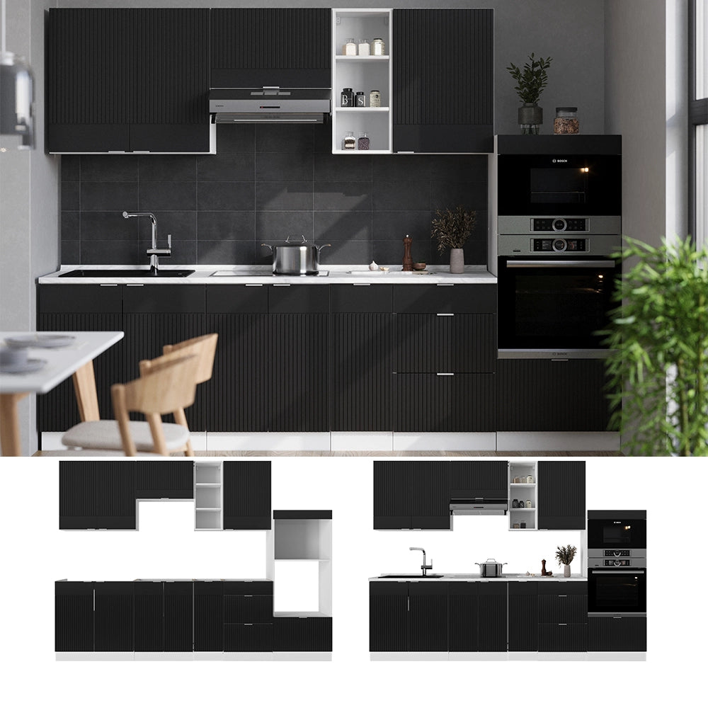 Cucina componibile Fame-Line Nero rigato/Bianco 280 cm, PL Antracite Vicco
