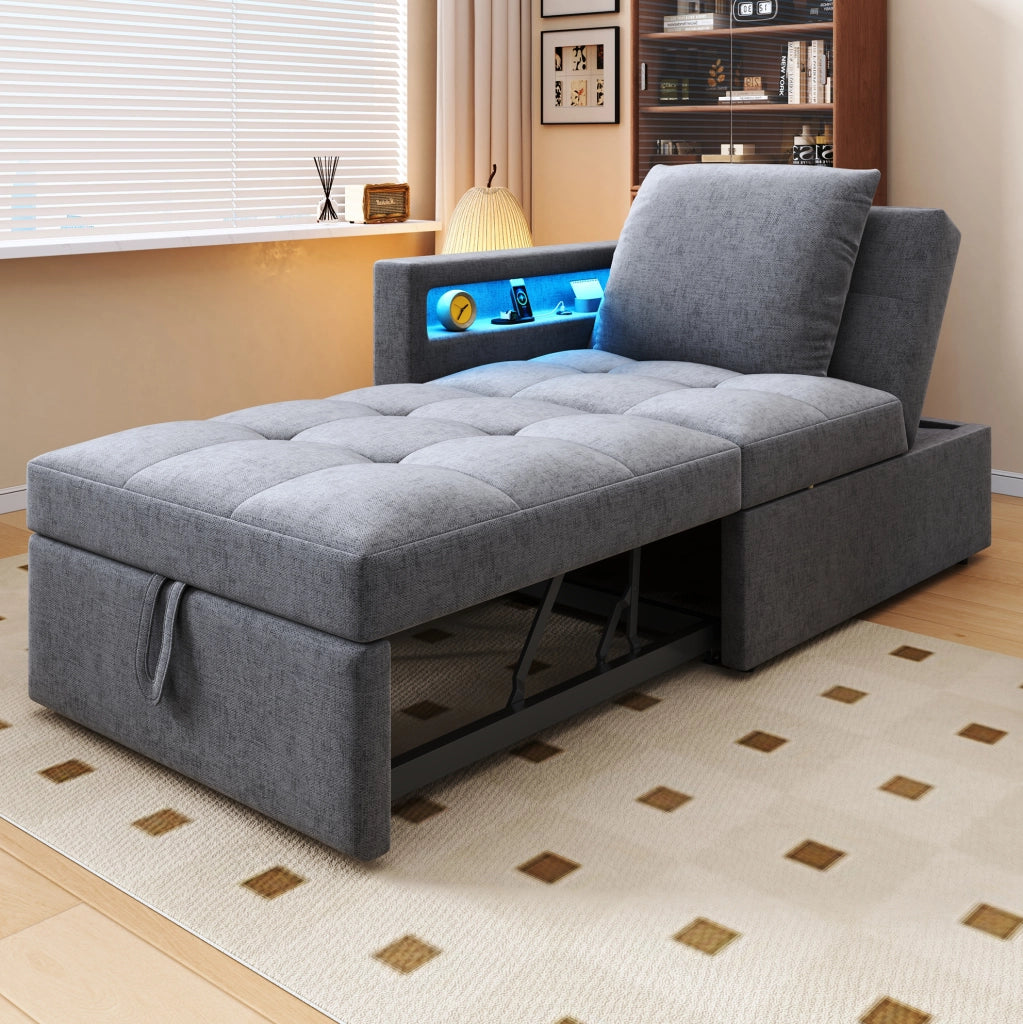 Divano letto 3 in 1 con schienale regolabile; LED e USB/Type-C in lino grigio chiaro
