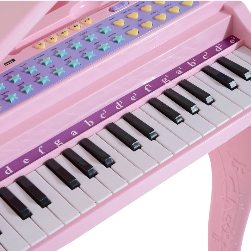 Tastiera per bambini con 37 tasti, sgabello con pianoforte e microfono, modalit¨¤ di apprendimento a LED, funzione di registrazione, strumento