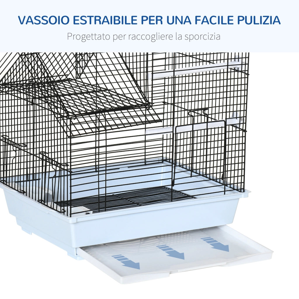EasyComfort Gabbia per Uccelli in Metallo con Maniglia, Vassoio Estraibile, Pioli e Altalena, 39x33x47cm, Bianco