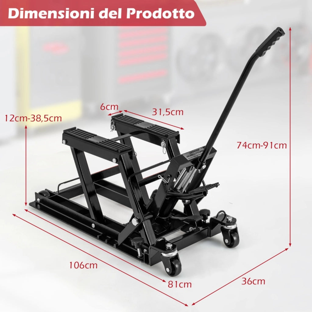 Sollevatore idraulico per motociclette con piattaforma regolabile in altezza a 3 livelli-Cric per motociclette portata 680kg Nero