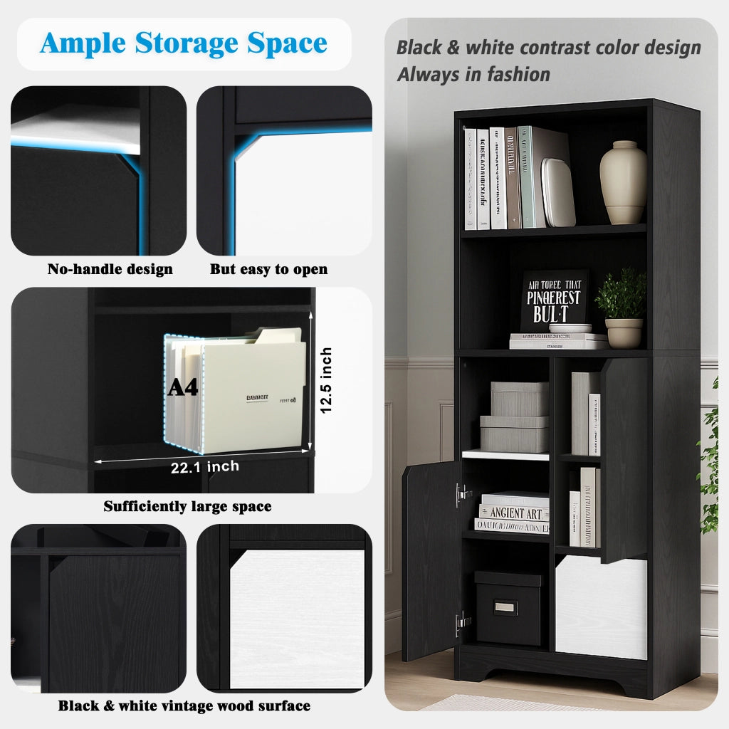 Libreria con 2 Ripiani Aperti; 1 Anta e 2 Cassetti; Stile Moderno; in Pannelli di Particelle; Nero; 60×35×160 cm