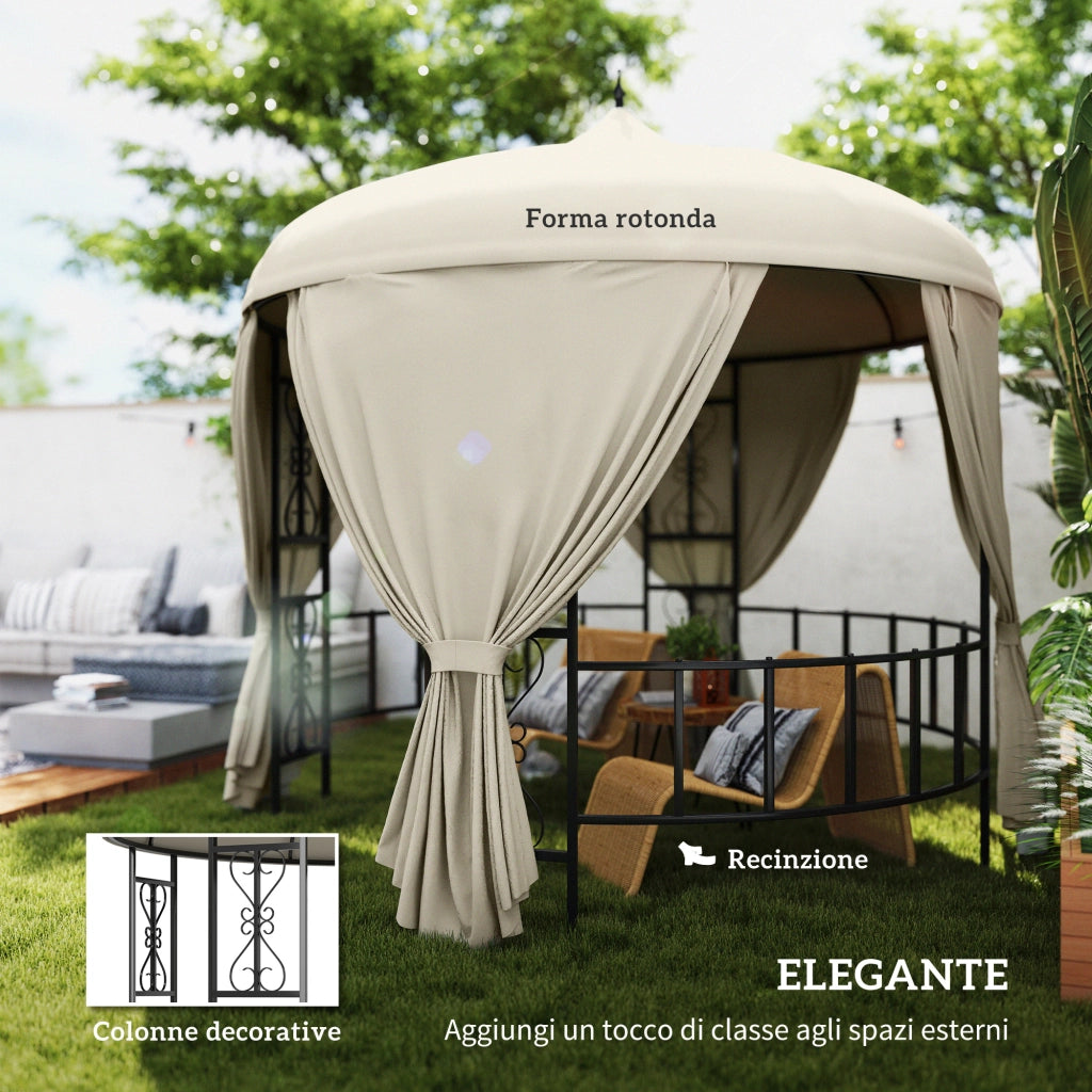 Gazebo da Giardino Rotondo ?3m con Tende e Prese d'Aria in Metallo e Poliestere, Beige