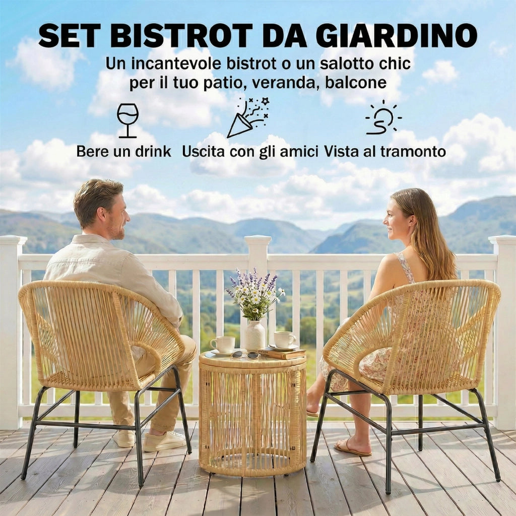 Set da Bistr¨° 3 Pezzi in Rattan e Acciaio ¨C zephmum ¨C Beige, Vetro Temperato