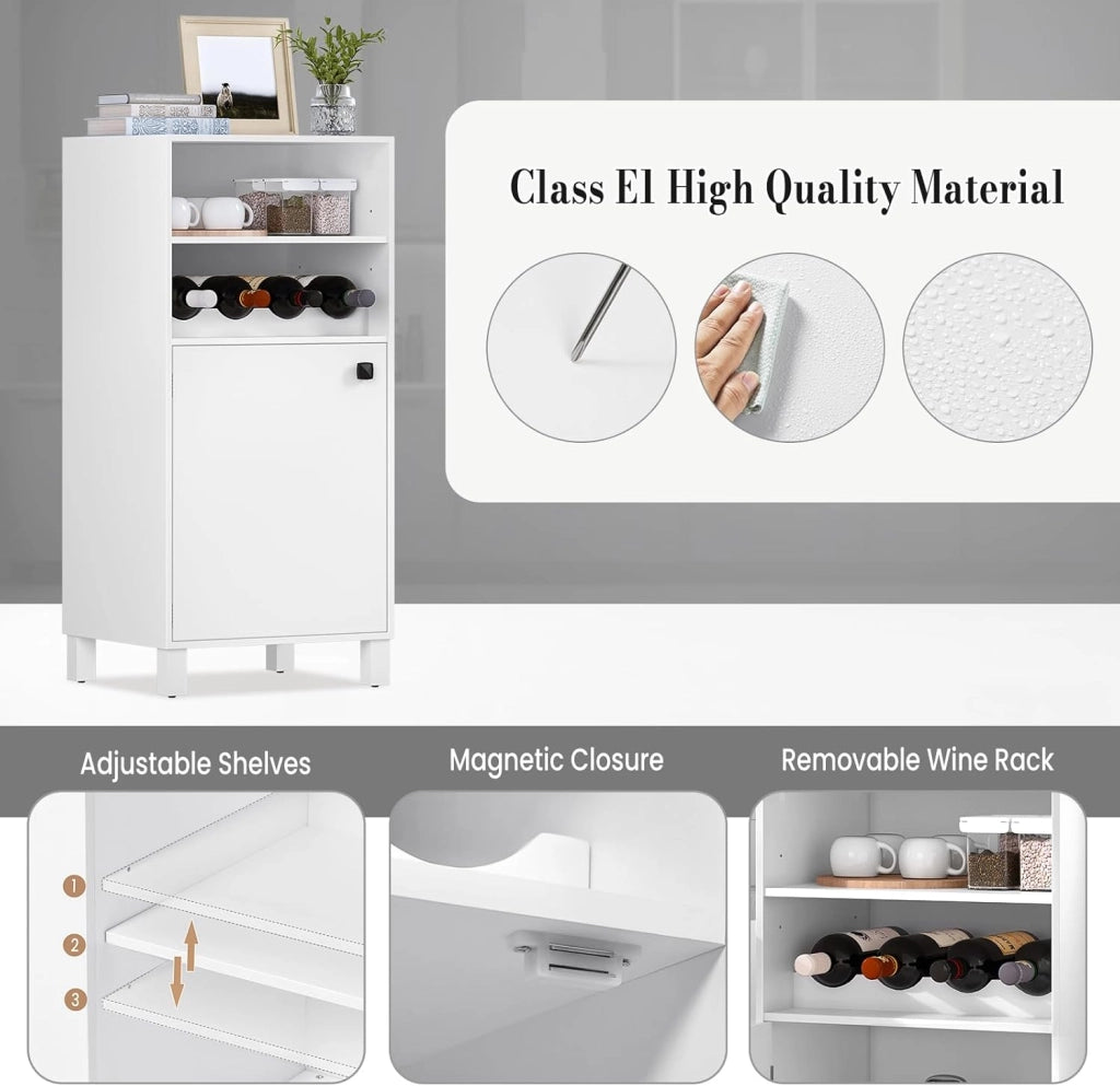 Credenza da Cucina con Portabottiglie per 5 Bottiglie, Libreria Chiusa Anta Bianca, Mobiletto Multiuso con Ripiani Regolabili, Scaffale Portaoggetti, in Legno e Metallo, 48x40x108cm