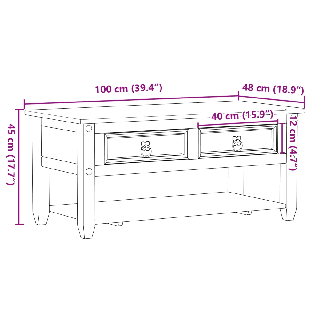 vidaXL Tavolino con Cassetti Corona 100x48x45cm Legno Massello di Pino