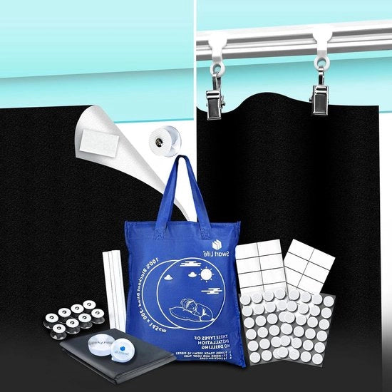 Gordini di oscuramento 100% materiale di oscuramento 300 x 145 cm - Con 16 morsetti e 3M binari per tende - Tende di oscuramento temporanee con 27 adesivi a clip - Oscuramento per finestre