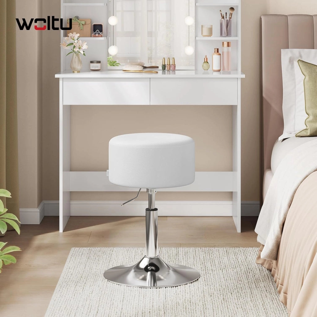 Sgabello da Trucco Rotondo Girevole Regolabile in Altezza, Sgabello Imbottito per Toeletta, Sedia da Cucina in Pelle Sintetica, Altezza Seduta 54-69 cm, Bianco, BH14ws-1