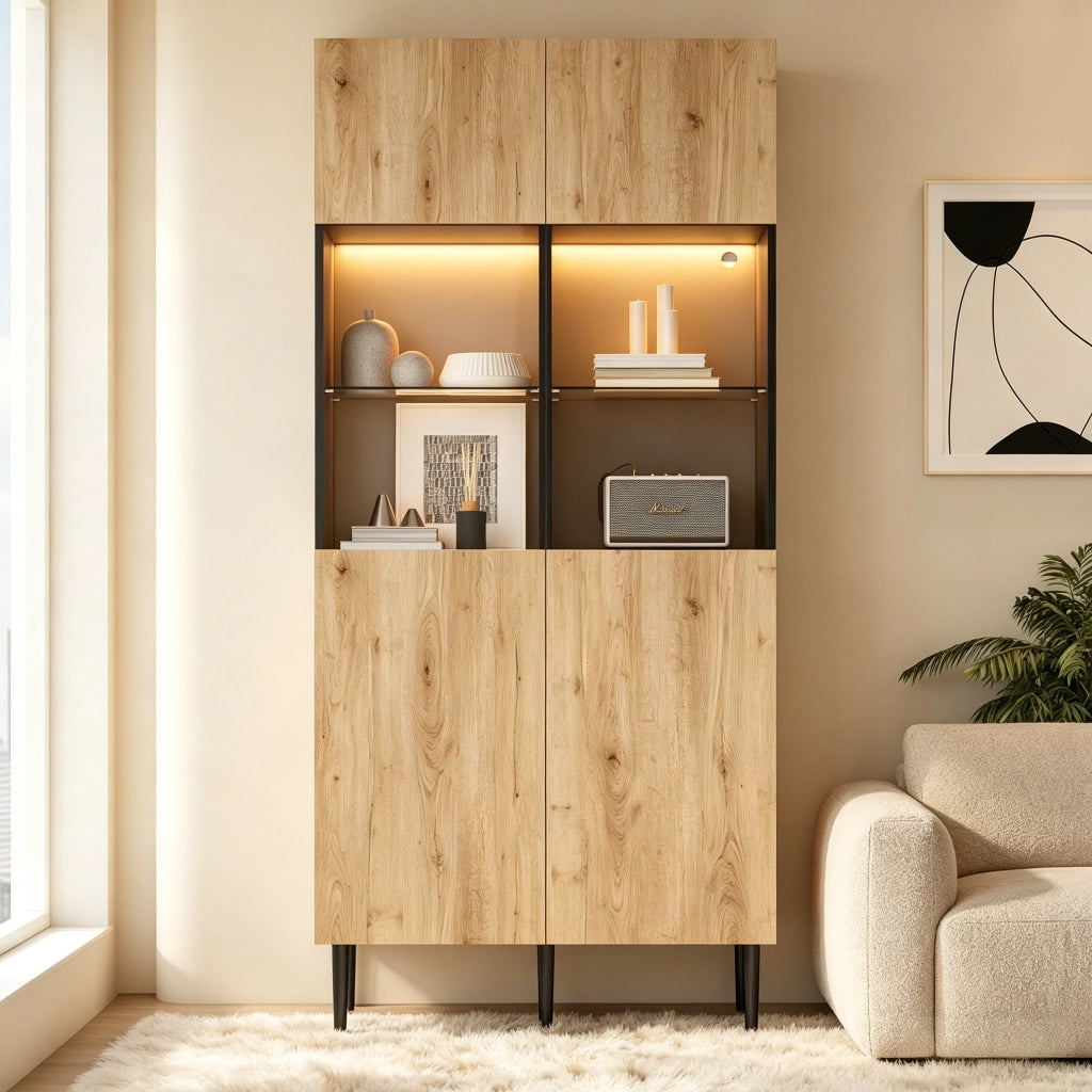 Credenza e madia con 2 ante in vetro temperato, 10 vani, LED, per soggiorno, nero e legno naturale, 80 × 35 × 180 cm