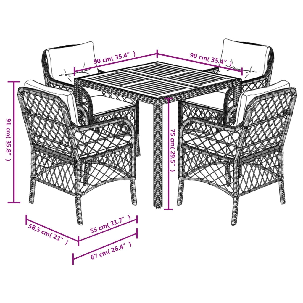 Set da Pranzo da Giardino 5 pz Nero con Cuscini in Polyrattan 3212043