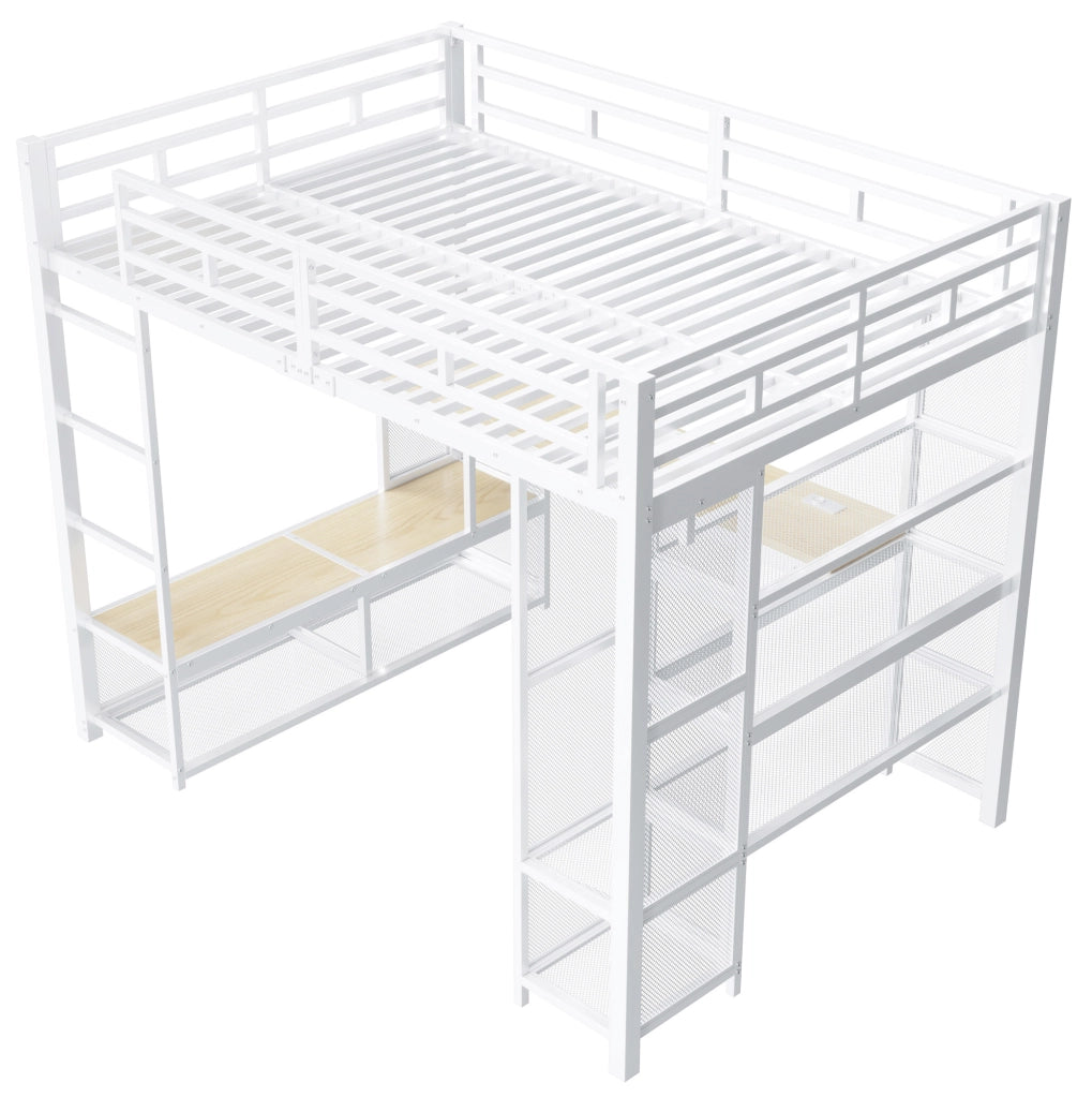 Letto a soppalco 140x200 cm con scrivania; armadio aperto e LED in metallo e MDF bianco