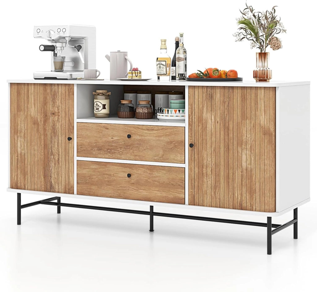 Credenza Basso con Gambe in Metallo, Credenza da Cucina Moderna con Ante Scorrevoli e 2 Cassetti, Buffet da Soggiorno con Protezione Antiribaltamento, 150 x 45 x 74 cm