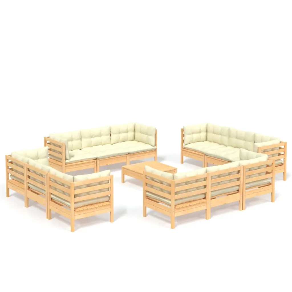 Set Salotto da Giardino 13pz con Cuscini Crema in Legno di Pino 3096070