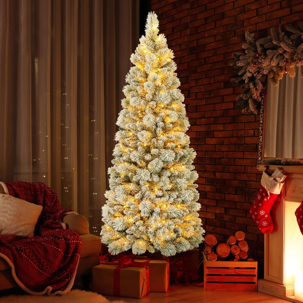 Albero di Natale Innevato 150/180/210 cm, Albero di Natale Pop-Up con 130/170/200 Luci LED, Aghi di Pino, 378/517/680 Punte di Rami, Sezione Pieghevole e Supporto in Metallo (180 CM)