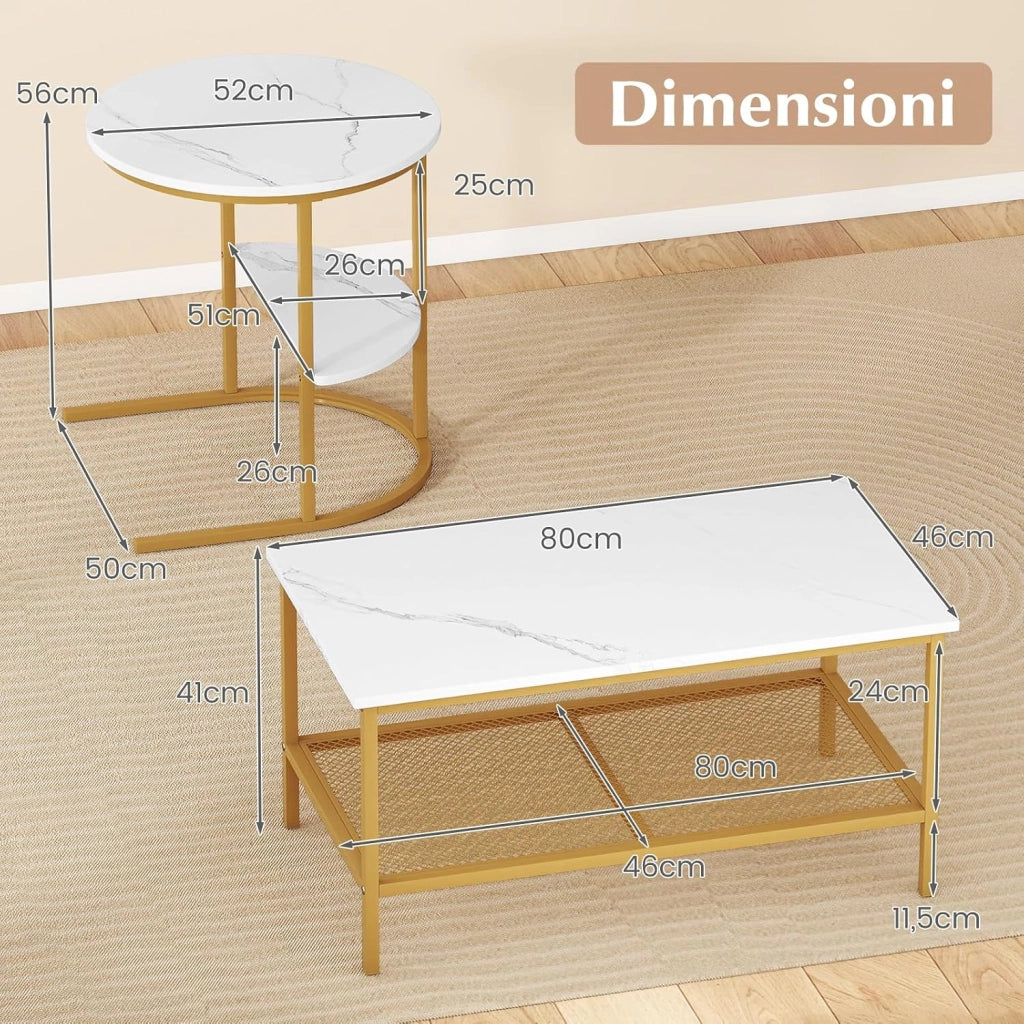 Set di Tavolini da Caffè Componibili, 2 in 1 Set di Tavoli Rimovibili con Piano in Marmo Sintetico, Tavolino Rotondo e Tavolino Rettangolare per Salotto e Camera da Letto (Oro)