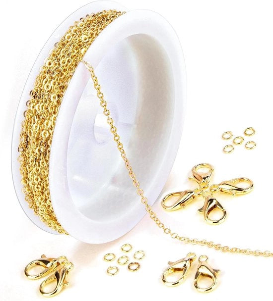 Catenella in Acciaio Inox a Rullo con Chiave e Ferma per Creare Gioielli - 5 metri - Accessori per Catenelle con Anelli e Chiavi a Sfera