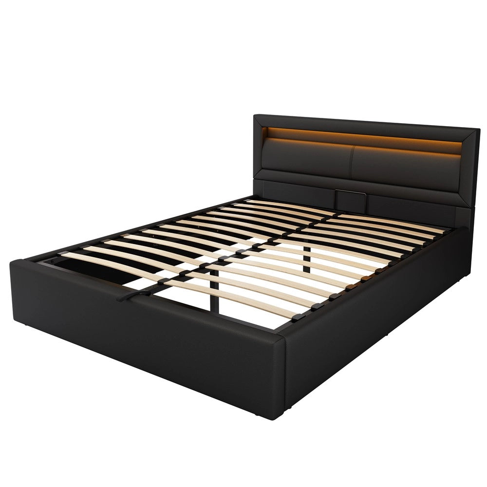 Letto Contenitore Imbottito LED ¨C MINIMAL ¨C Nero, Similpelle, 140x190