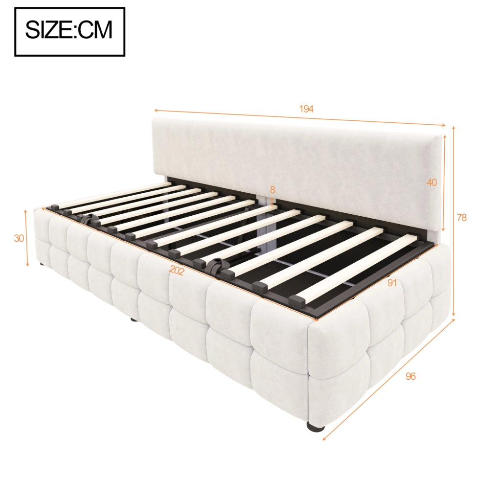 Letto singolo imbottito 90x200 cm con contenitore idraulico in velluto beige