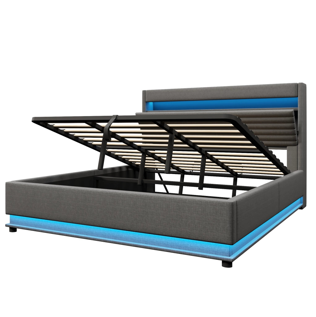 Letto matrimoniale imbottito 180x200 cm con contenitore; LED; USB e USB-C; in lino grigio