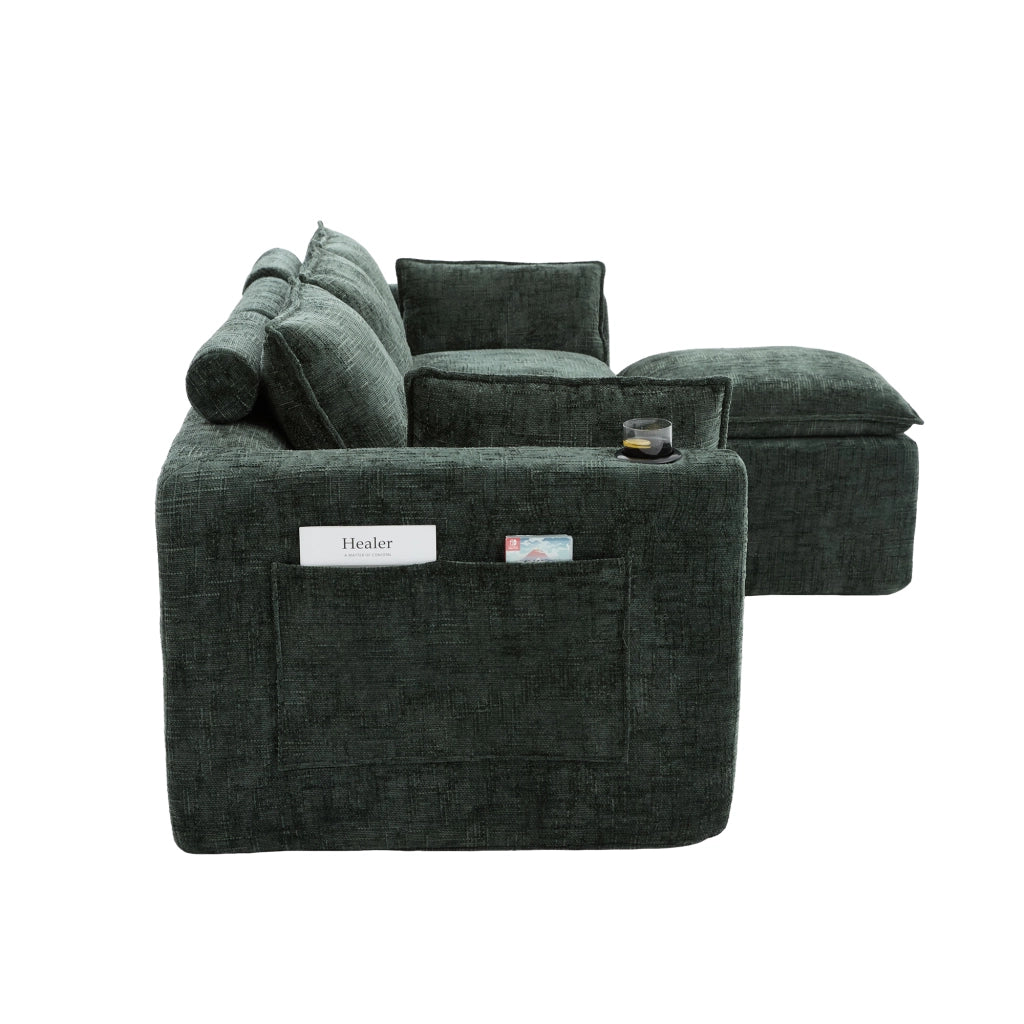 Divano modulare 3 posti con pouf tasche laterali e cuscini imbottitura in schiuma e molle insacchettate ciniglia verde