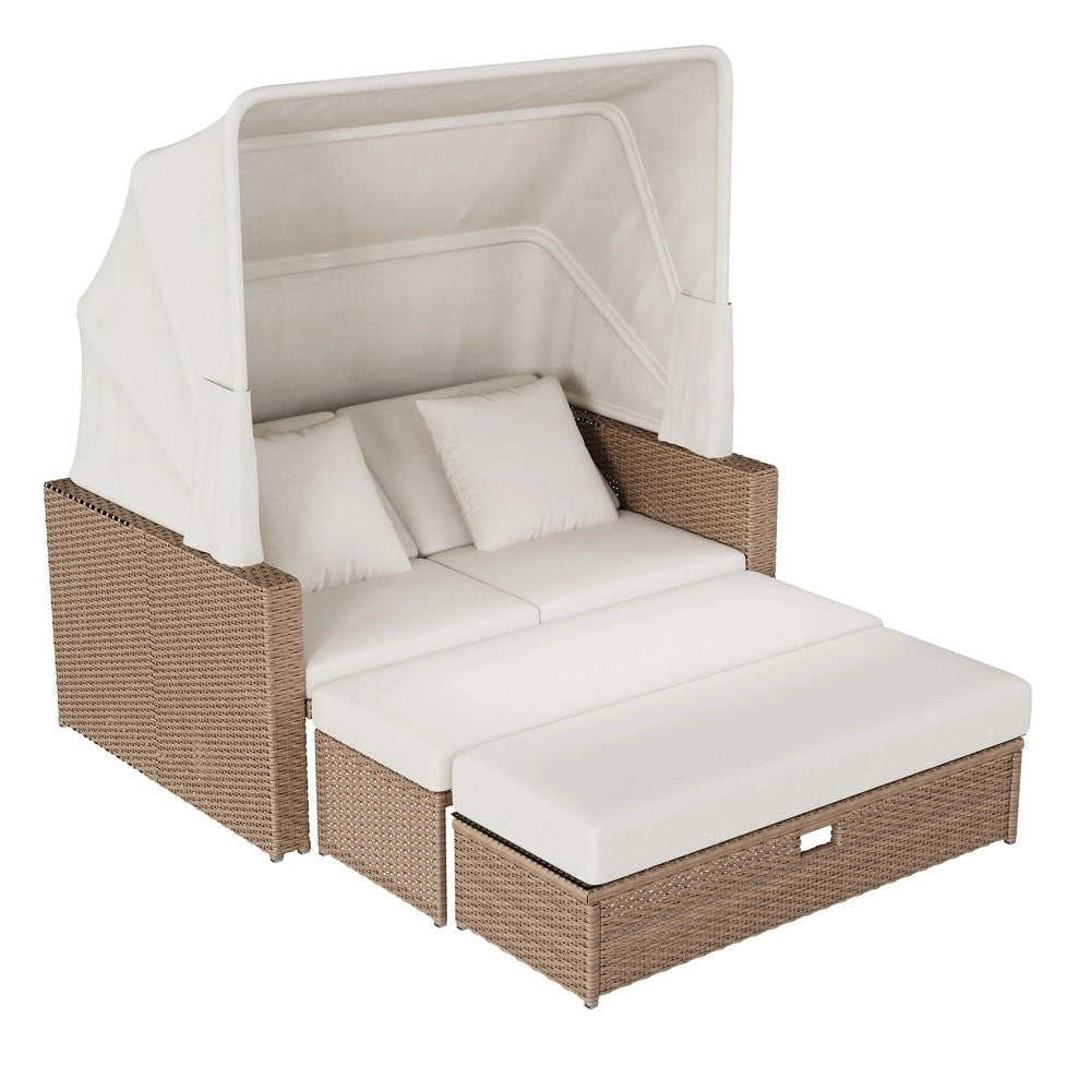 Set Divano da Giardino in Polyrattan ¨C Xylo ¨C Beige, con Tavolino Regolabile e Tenda