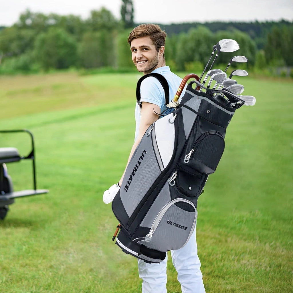 Borsa da Golf con 14 Divisori, Sacca per Mazze da Golf con Borsa Termica, Cappuccio Impermeabile, Maniglie e Tracolla, Ideale per Uomini e Donne, Nero e Grigio