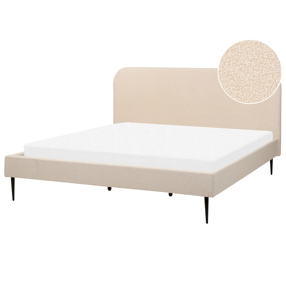 Letto beige bouclè tappezzeria doppia dimensione gambe dorate testiera con rete a doghe 180 x 200 cm design minimalista
