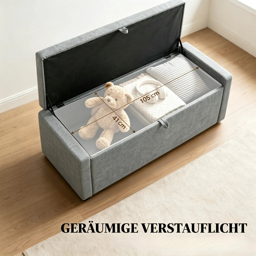 Panca contenitore con vano portaoggetti, seduta larga 122 cm e rivestimento in lino, per camera da letto, grigio chiaro