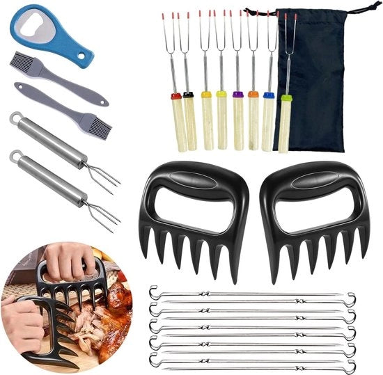 Kit di Spiedini per Griglia da 26 pezzi con Borsa di Stoccaggio - Separatore di Carne - Penna per BBQ - Spazzola per Grill - Apripistoni per Bottiglia - Attività all'Aperto