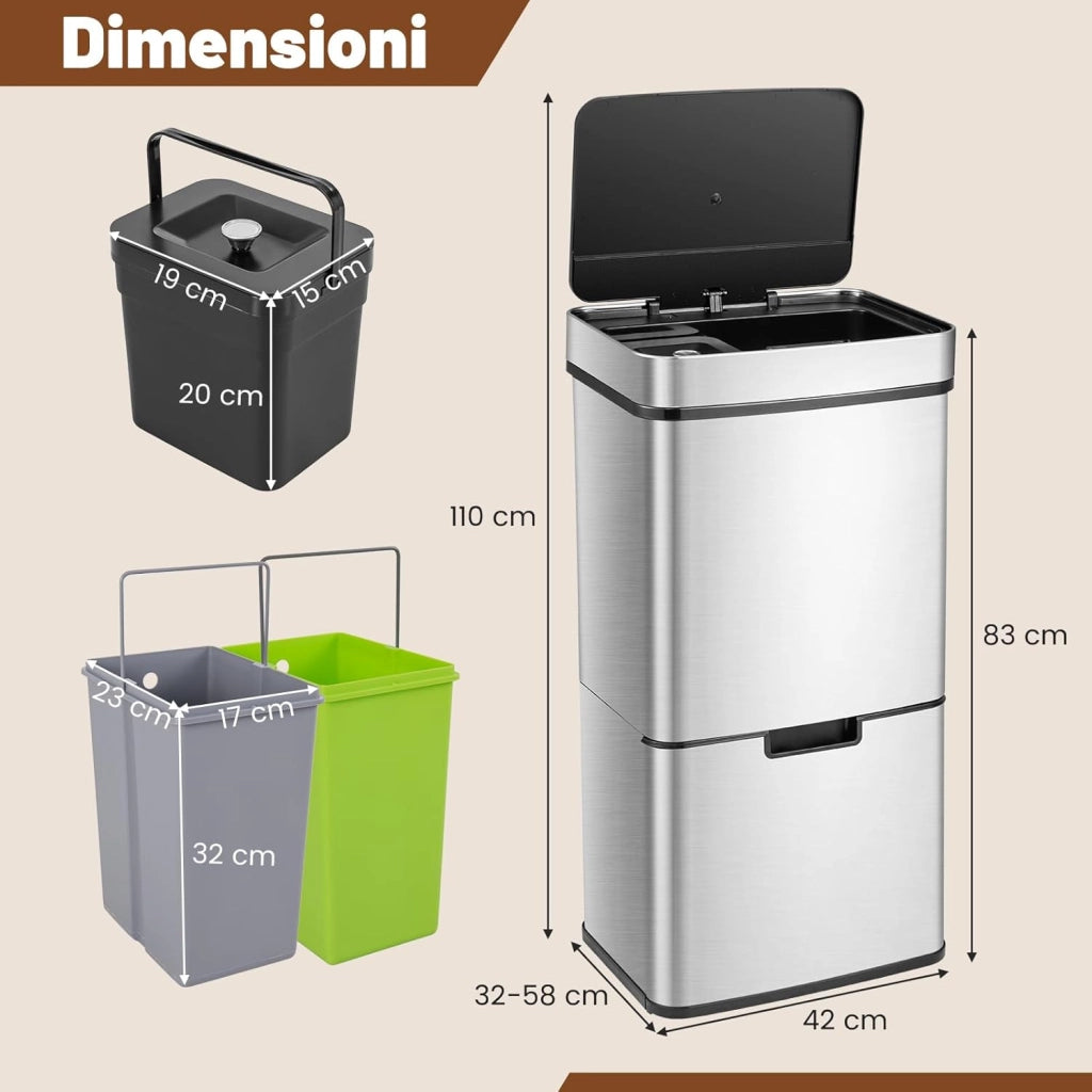 72L Pattumiera Differenziata, Bidone della Spazzatura in Acciaio Inox con 3 Scomparti e Sensore di Movimento, Coperchio a Chiusura Morbida, Ideale per Casa Ufficio (Argento)