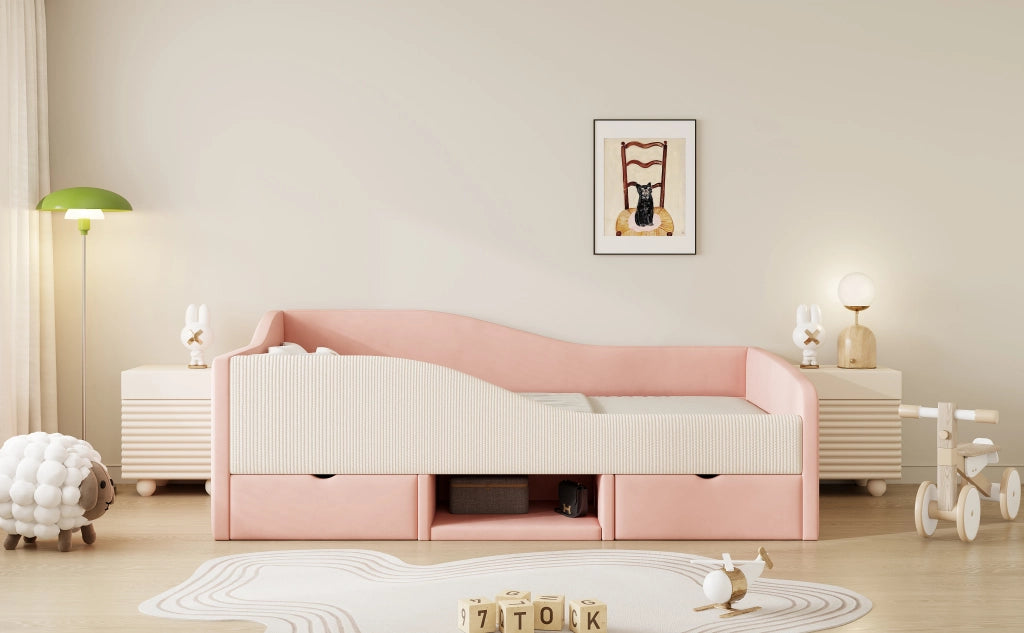 DESMIU Letto per bambini 90 × 190 cm con 2 cassetti, vano aperto e sicurezza, senza materasso, velluto, rosa