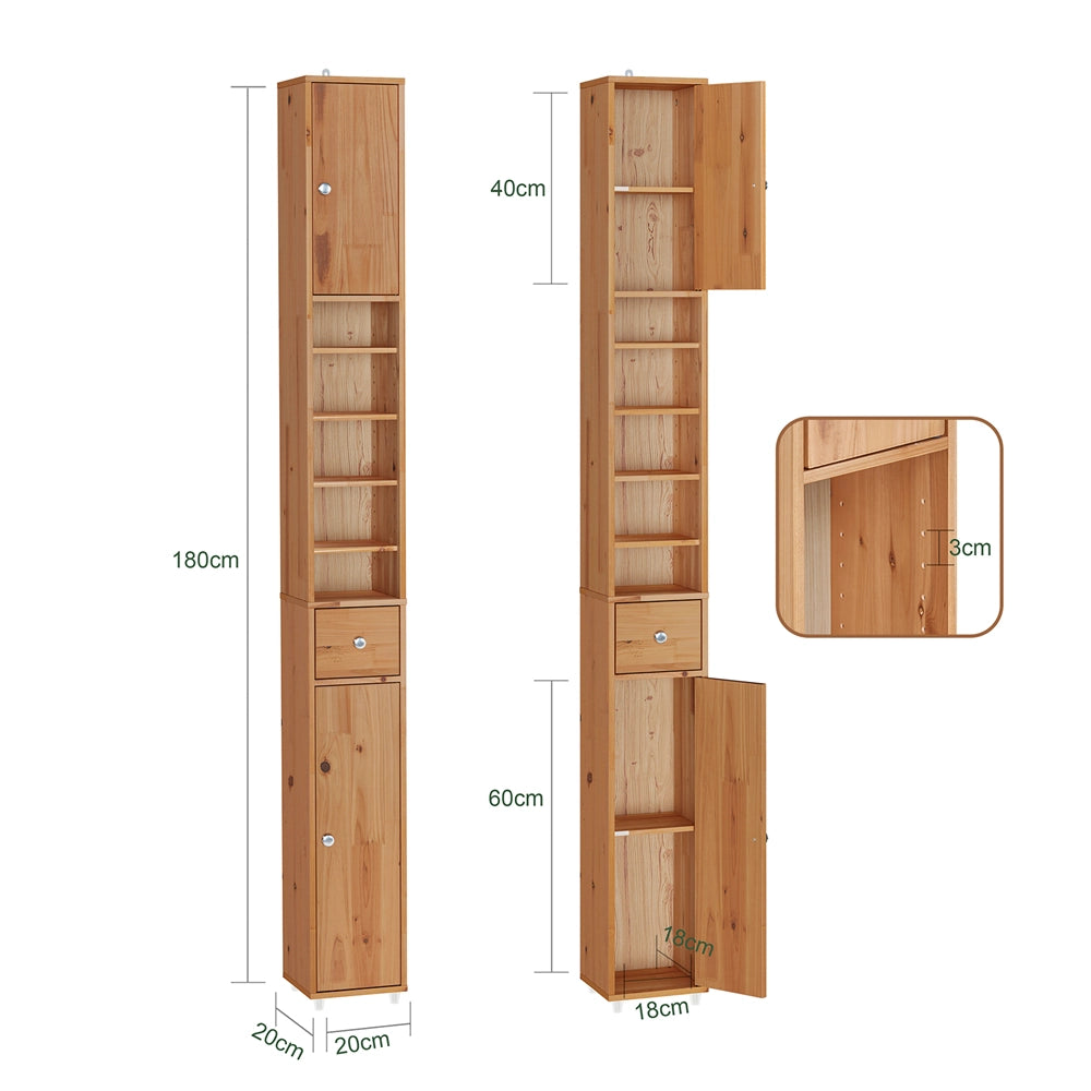 SoBuy Mobile Bagno Stretta – Colonna Bagno Idrorepellente, Alto con Ripiani Regolabili e Cassetto – Armadietto Salvaspazio, Legno massello, Colore legno, 20x180x20cm, BZR34-II-SH