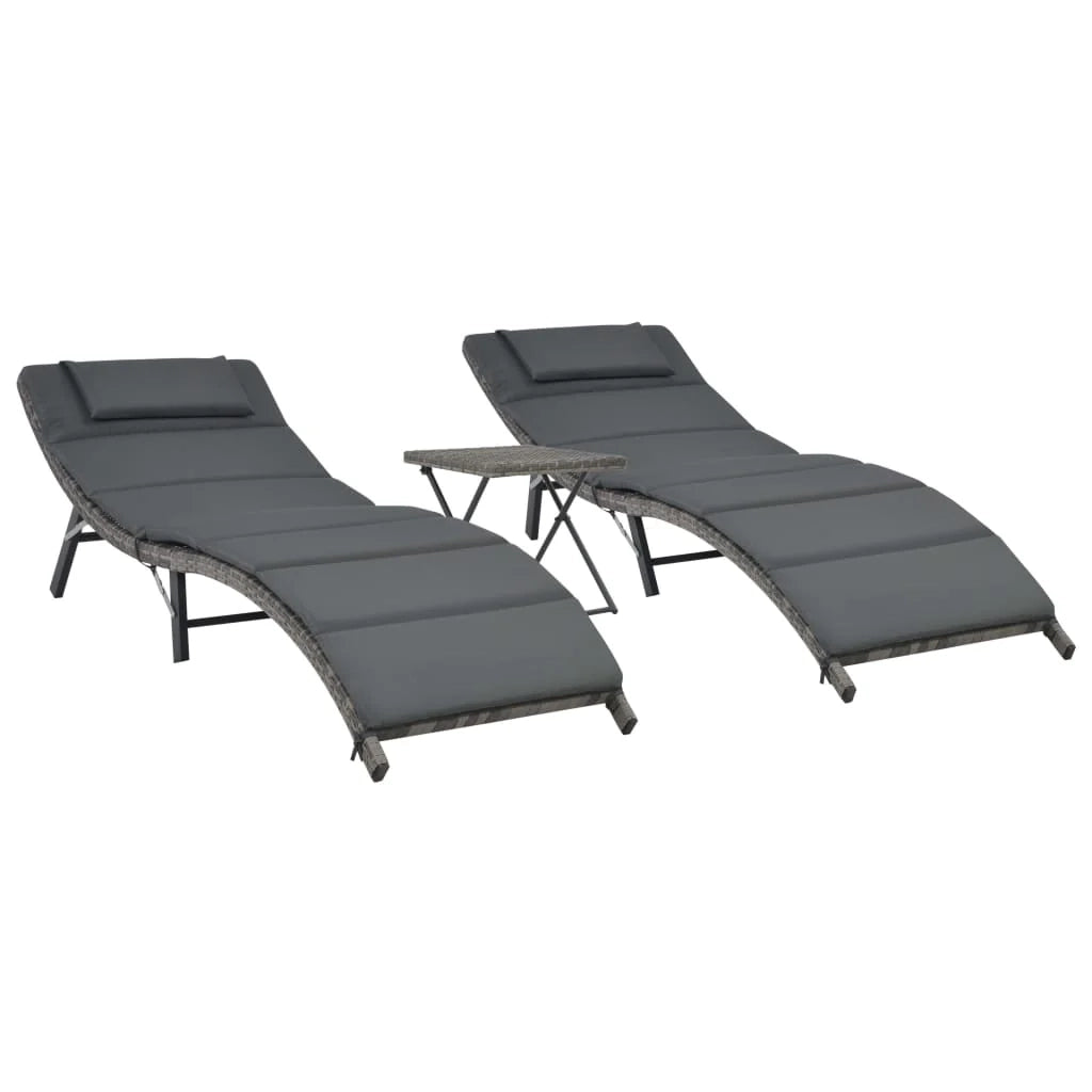 Set di 3 lettini prendisole pieghevoli resina intrecciata grigia 02_0011994
